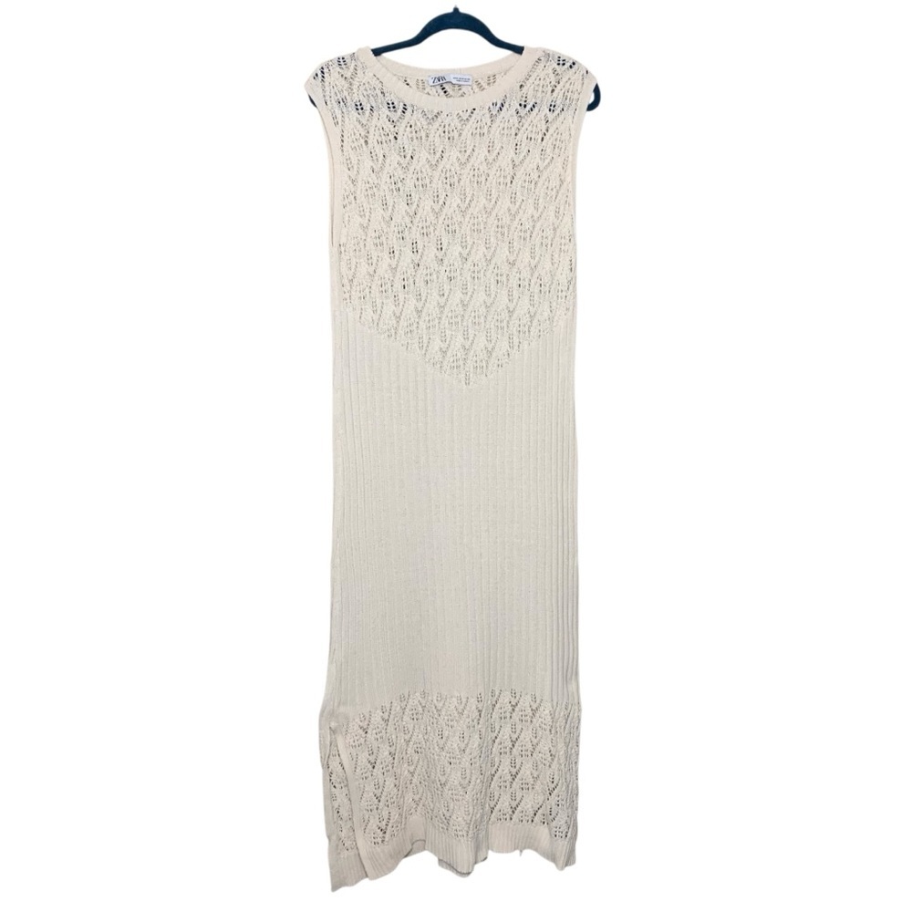 Zara Cream Crochet Knit Maxi Dress Sz M Sleeveless Side Slit Minimalist Coatal - Picture 2 of 14
